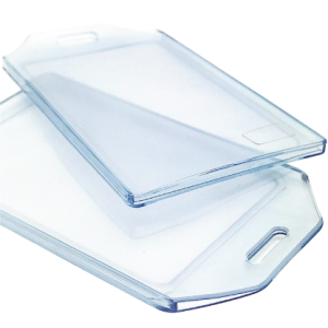 Clear Vinyl Semi-flexible Card Holder (portrait). Insert size 87 mm x 55 mm. Holds up to two cards.
