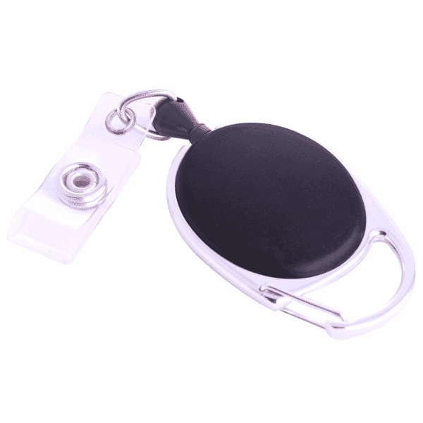 Black Reel with Carabiner Clip & Strap Clip (76cm nylon cord with a clear vinyl strap clip).