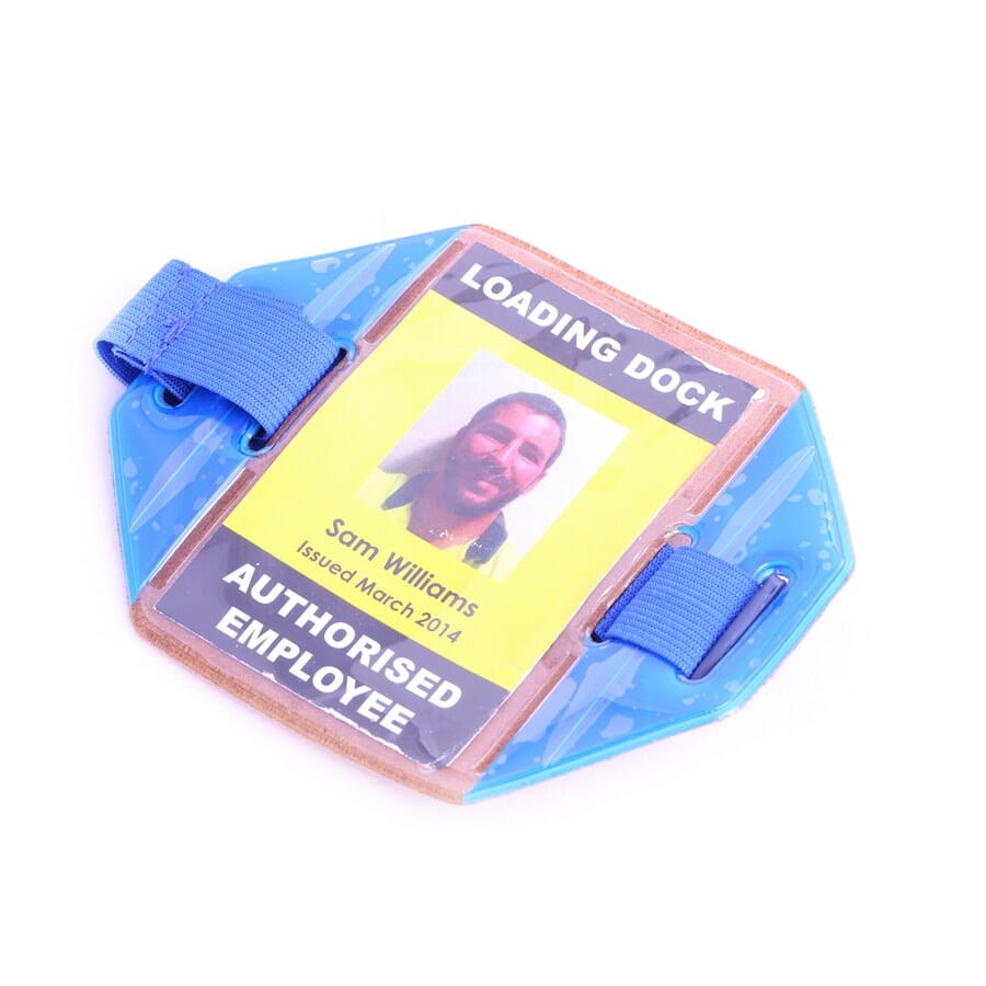 Blue Hi-Vis Reflective Armband Card Holder (portrait with an adjustable elastic strap). Insert Size