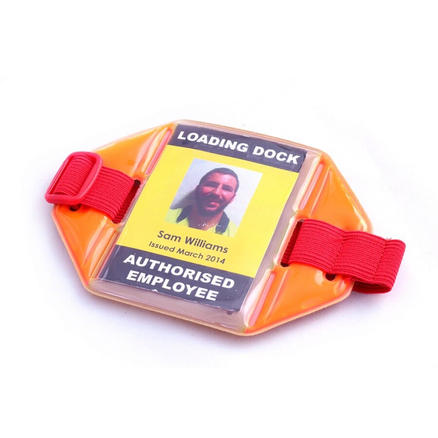 Red Hi-Vis Reflective Armband Card Holder (portrait with an adjustable elastic strap). Insert Size