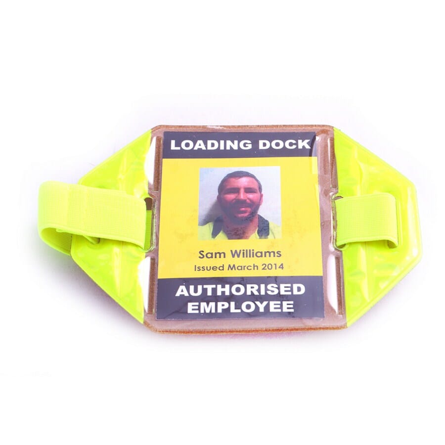 Yellow Hi-Vis Reflective Armband Card Holder (portrait with an adjustable elastic strap). Insert Size