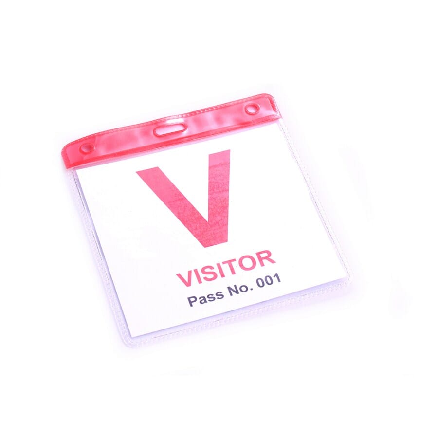 Red Top Clear Flexible Visitor Pass Holder (portait with a slot in the centre & a hole in both top corners of the holder). Insert Size