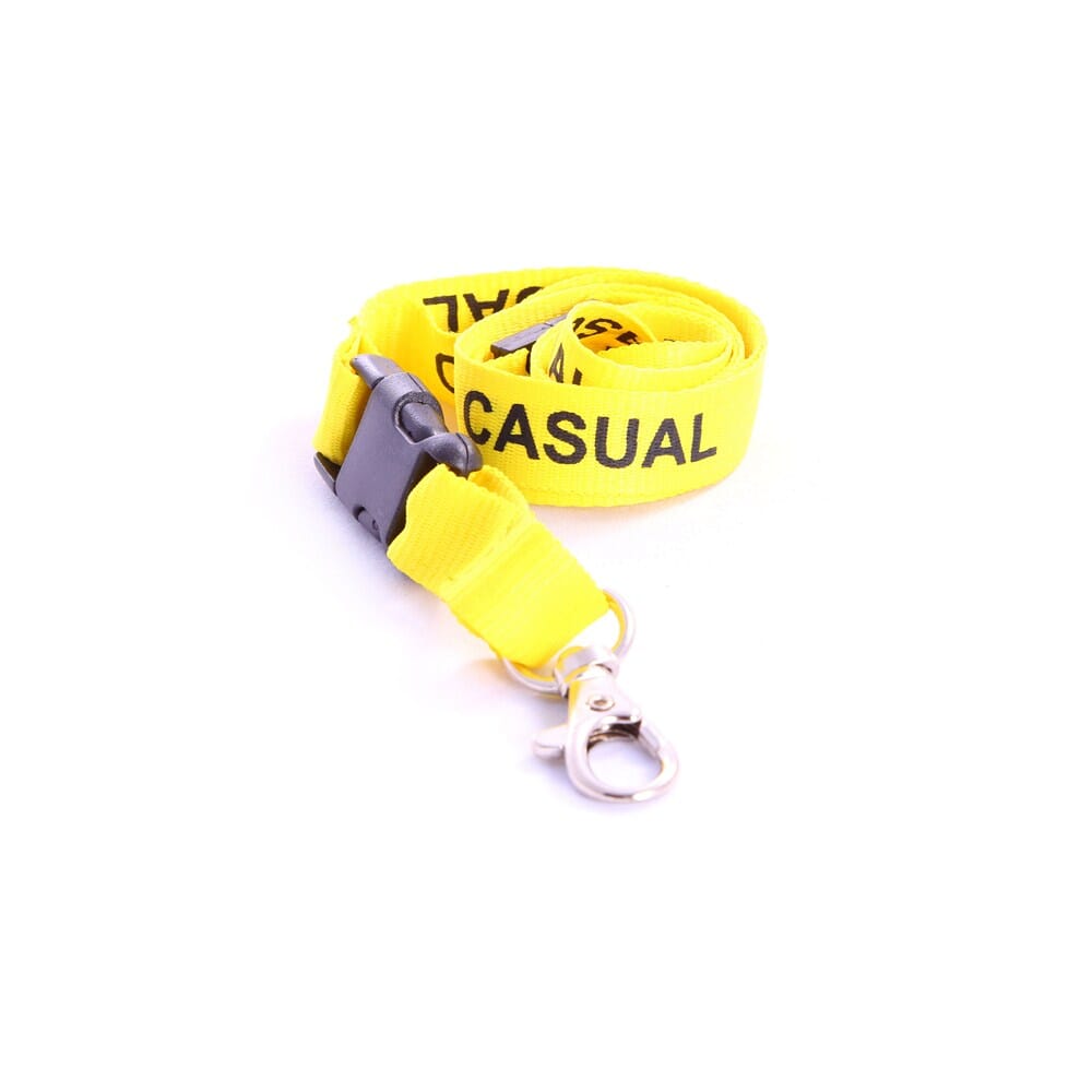 Yellow "CASUAL" Lanyard - 15mm (15mm yellow flat polyester lanyard printed in black on both sides "CASUAL"