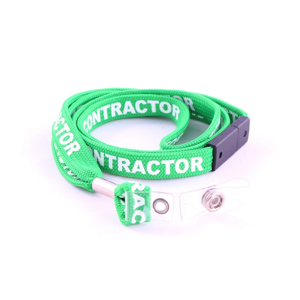 Green "CONTRACTOR" Lanyard - 12mm (12mm green flat tubular lanyard with "CONTRACTOR" printed in white on both sides