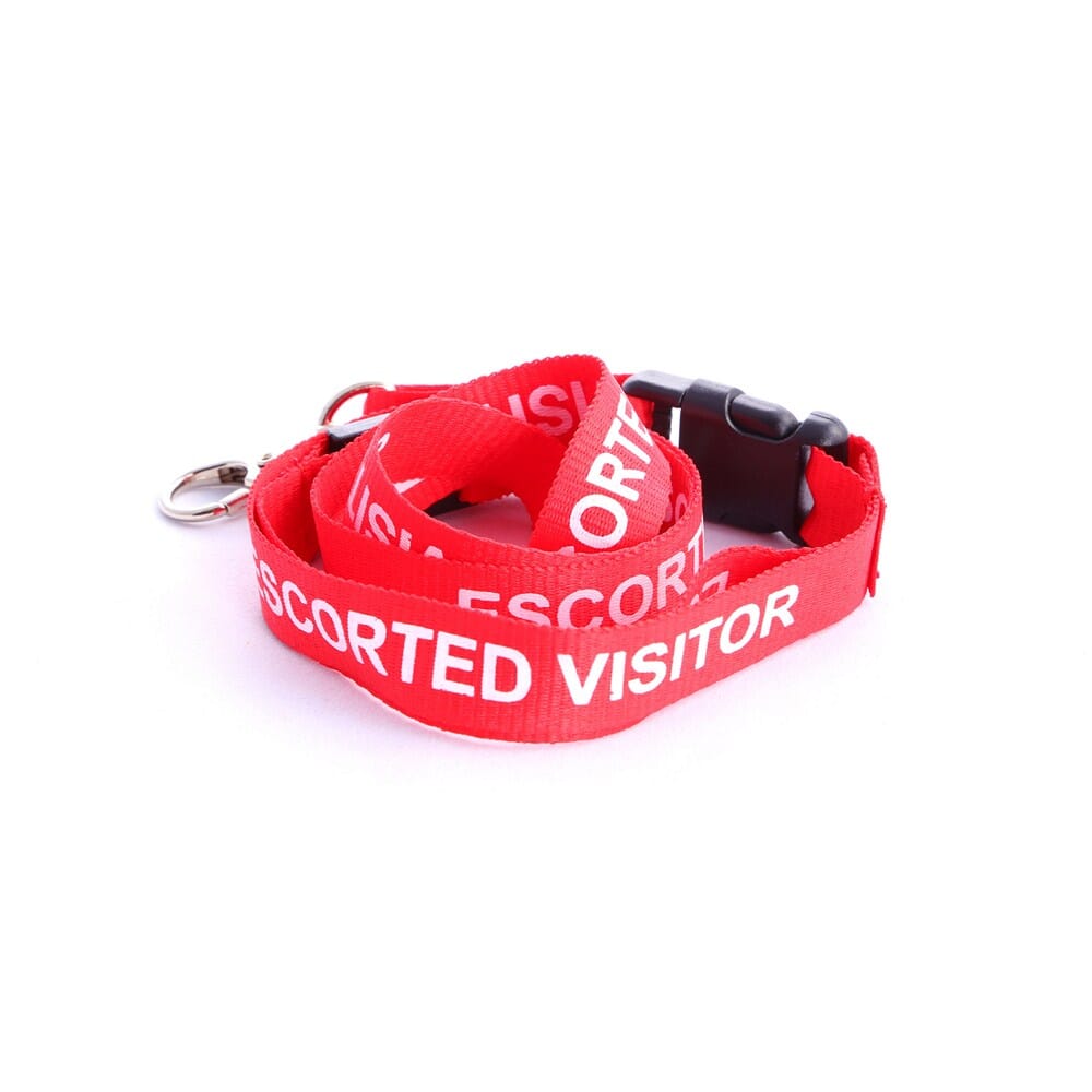 Red "ESCORTED VISITOR" Lanyard - 15mm (15mm red flat polyester lanyard with "ESCORTED VISITOR" printed in white on both sides