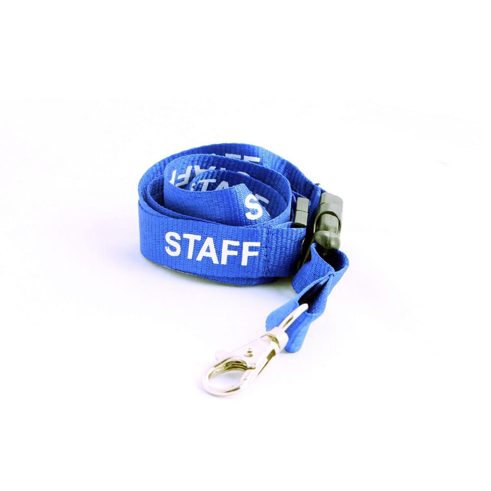 Blue "STAFF" Lanyard - 15mm (15mm blue flat polyester lanyard with "STAFF" printed in white on both sides