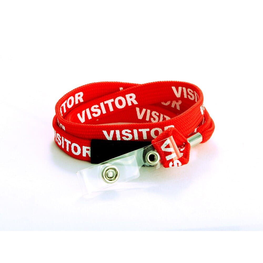 Red "VISITOR" Lanyard - 12mm (12mm red flat tubular lanyard with "VISITOR" printed in white on both sides