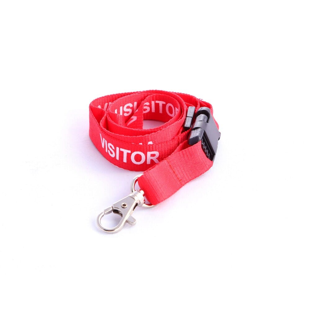 Red "VISITOR" Lanyard - 15mm (15mm red flat polyester lanyard with "VISITOR" printed in white on both sides