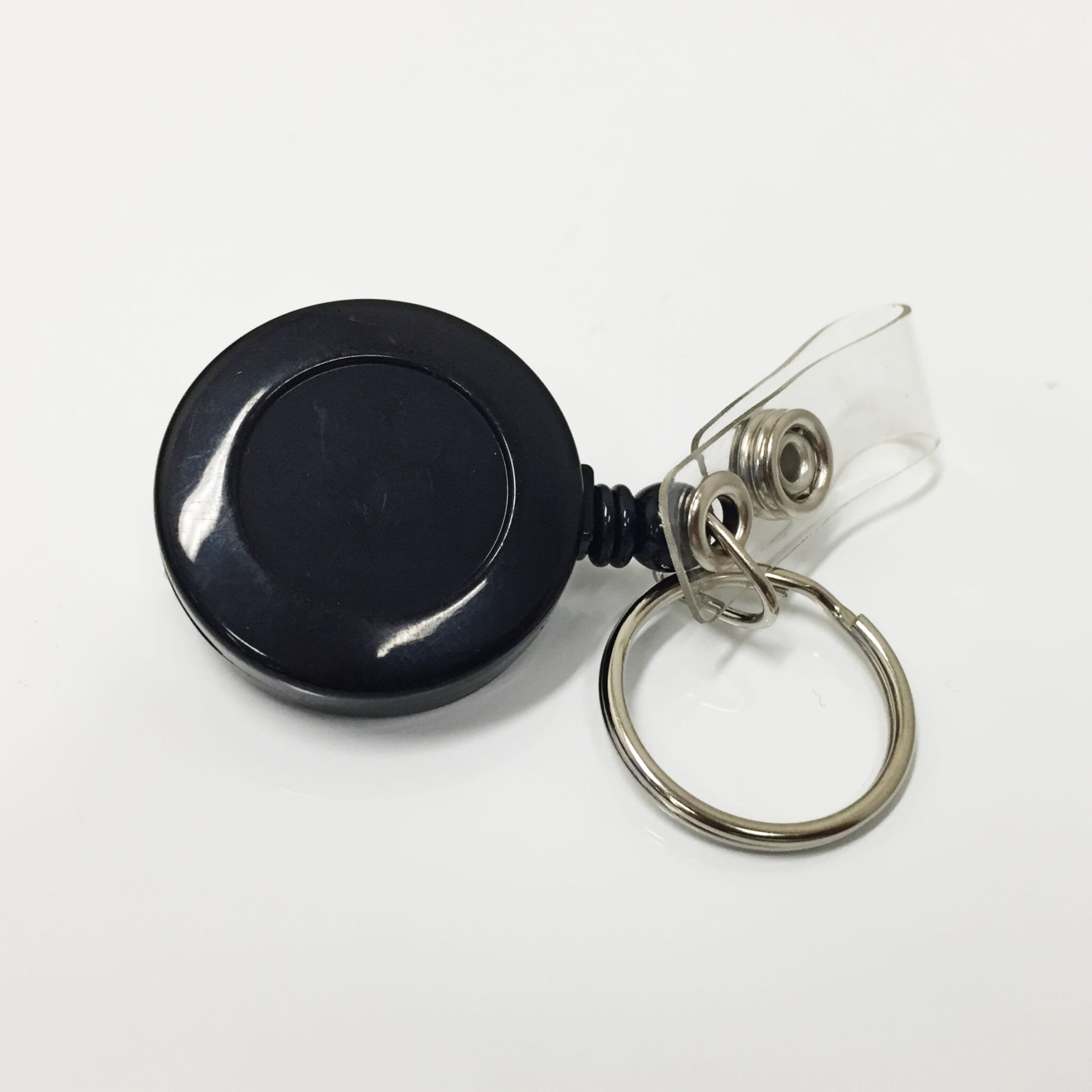 Black Economy Reel with Belt Clip & Strap Clip (60cm nylon cord with a key ring & a clear vinyl strap clip).
